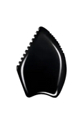 Black, leaf-shaped bian Gua Sha Stone on a white background