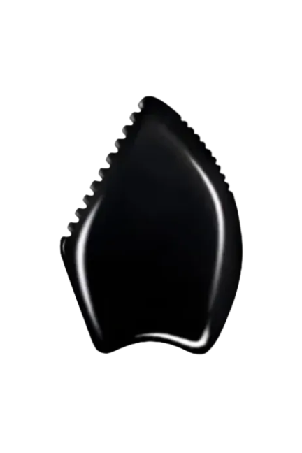 Black, leaf-shaped bian Gua Sha Stone on a white background