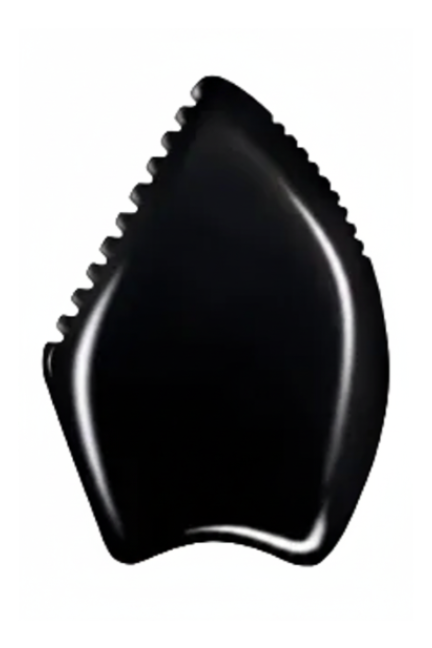 Black, leaf-shaped bian Gua Sha Stone on a white background