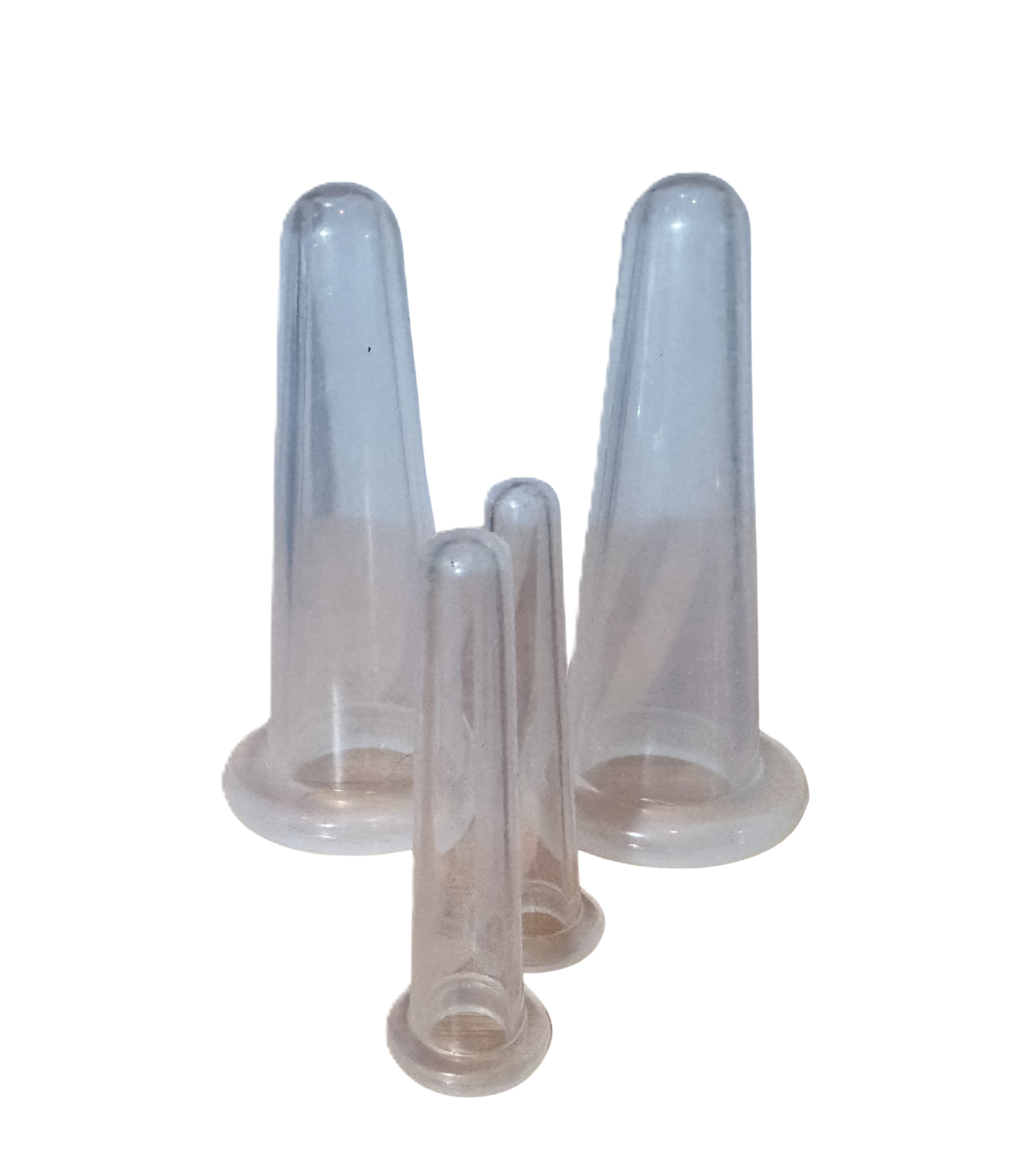 Set of clear plastic cones on a white background designed for facial cupping