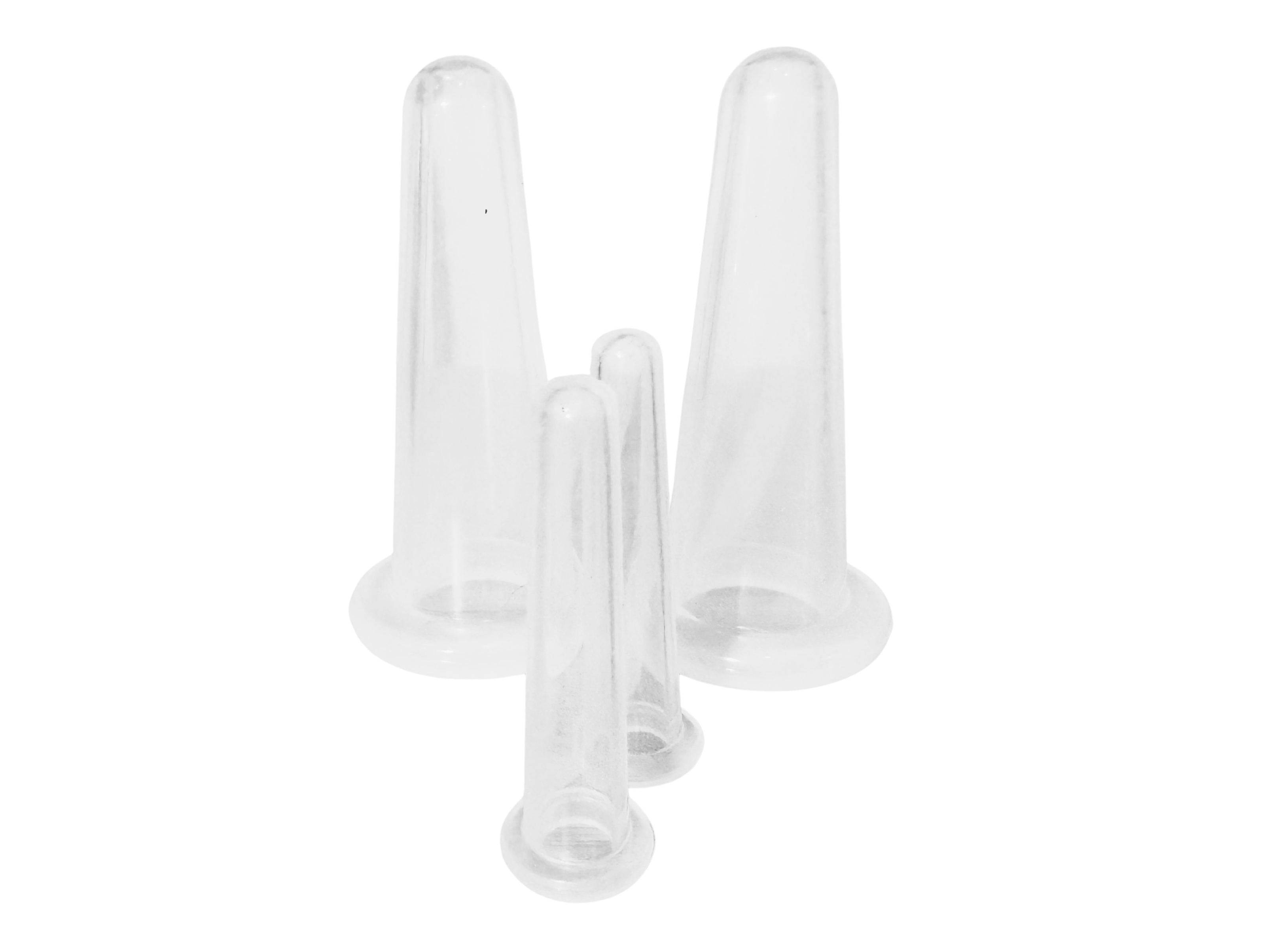 Four clear plastic silicone facial cups of different sizes, arranged on a seamless white background.