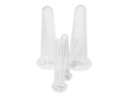 Four clear plastic silicone facial cups of different sizes, arranged on a seamless white background.