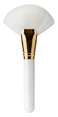 Goat hair facial brush with white bristle head and gold and white handle.