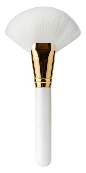 Goat hair facial brush with white bristle head and gold and white handle.