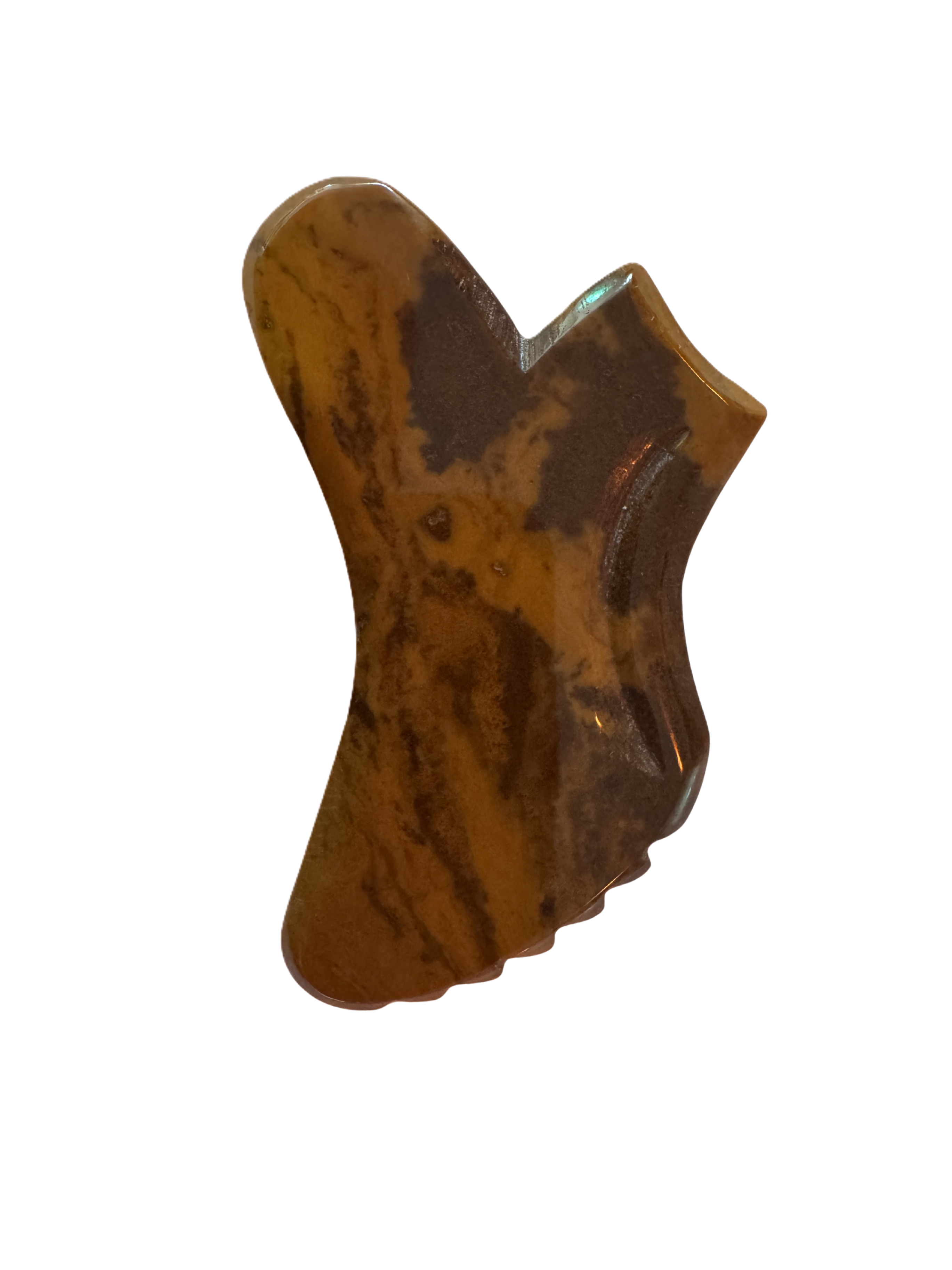 Mookaite Gua Sha stone with a unique shape on a white background